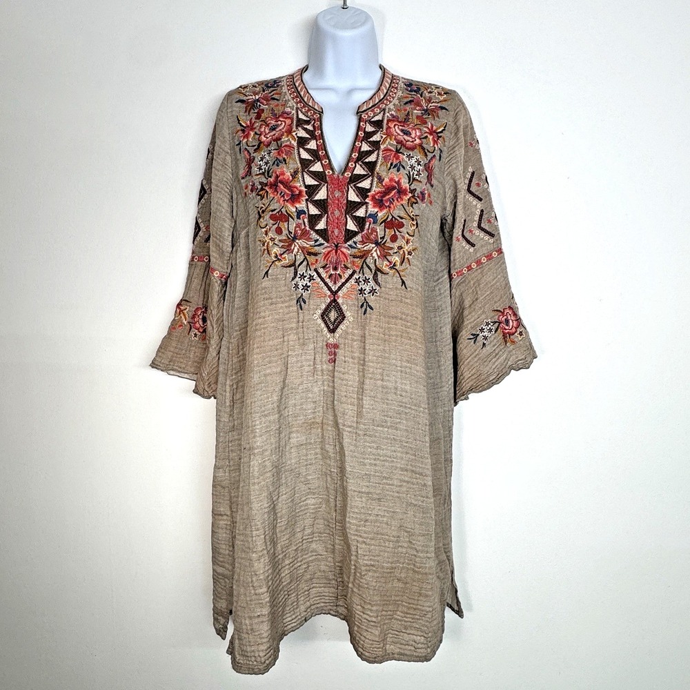 JOHNNY WAS Workshop Embroidered Kirpa Circle Sleeve Boho Dress Taupe Cotton‎ XS